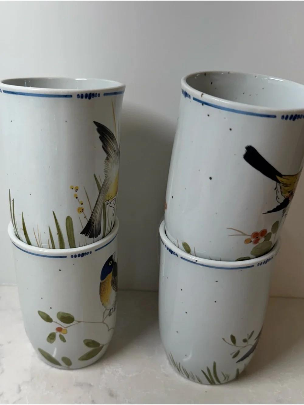 Fitz and Floyd Hand-Painted Bird Mugs in Blue, Yellow & Green